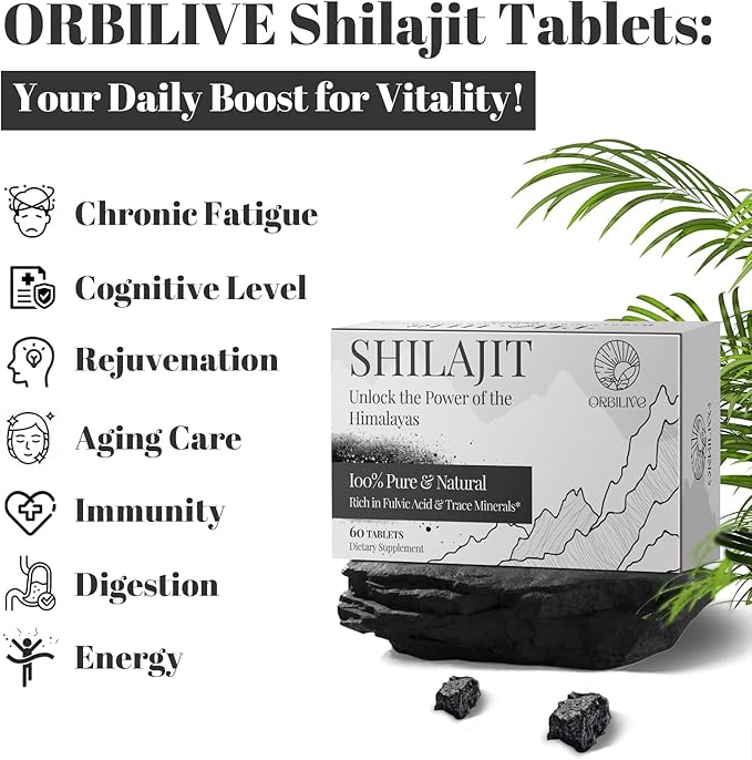 Shilajit Tablets 1000 MG, 100% Himalayan Organic, Shilajit Supplement Rich in Fulvic Acid & 85+ Trace Minerals for Men and Women, Energy & Immune System, 60 Count