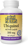 Natural Factors Ubiquinol 100 mg - Supports Heart Health & Natural Vitality - Antioxidant Support Supplement with Superior Absorption - Energy Support with Flaxseed Oil - 60 Softgels (60 Servings)