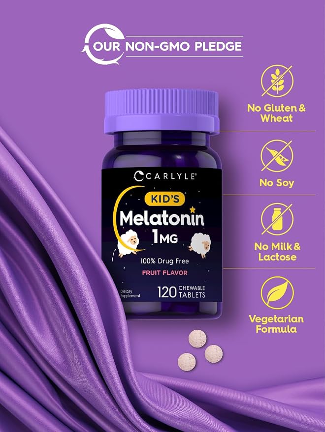 Carlyle Kids Melatonin 1mg | 120 Chewable Tablets | Fruit Flavor | Vegetarian Supplement | Non-GMO, Gluten Free Formula
