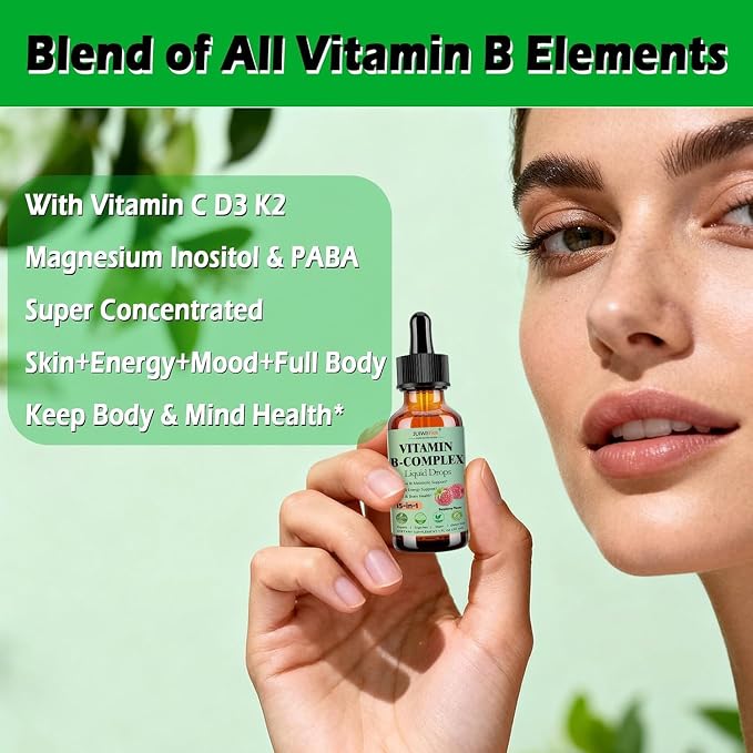 2 Pack Vitamin B Complex Liquid Drops for Women Men & Kids, 15-in-1 VIT B Complex with Vitamin C B12 B6 B1 Niacin Folate Magnesium for Brain Nerve Neuropathy Energy Mood, Sublingual B-Complex Drops