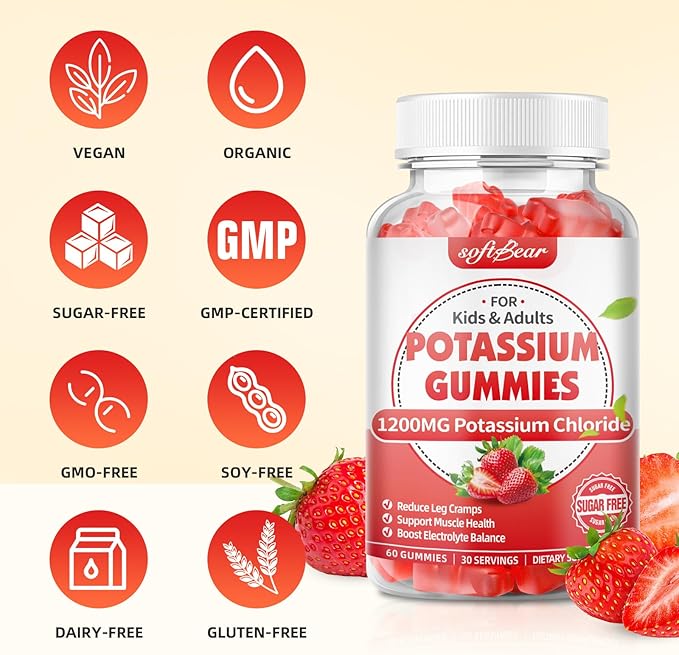 softbear Potassium Gummies for Adults, Sugar Free Potassium Chloride Gummies 1200mg Support Leg Cramps & Electrolyte Balance High Potency Potassium Supplement, Strawberry Flavor 60 Count