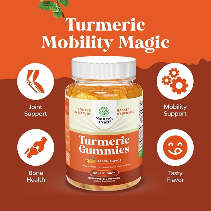 Turmeric Gummies for Adults - Extra Strength Joint Support Gummies with Turmeric Curcumin with Black Pepper Extract and Ginger - Peach Flavor Vitamins for Adults - 120 Count