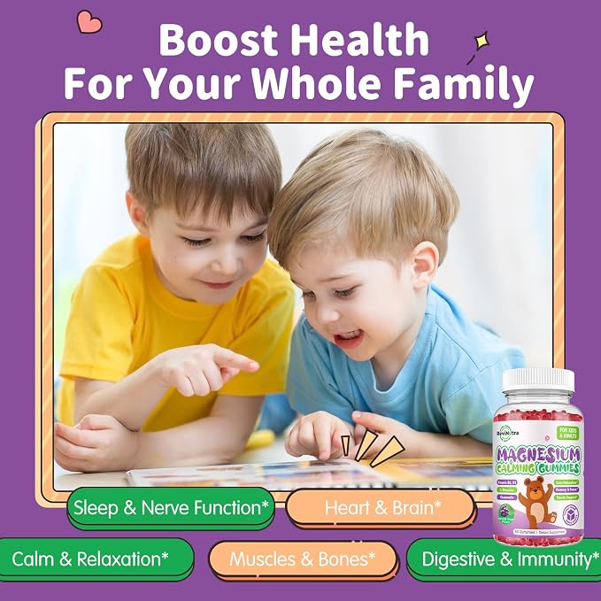 Magnesium Gummies for Kids - Magnesium Glycinate Gummies Supplement with L-Theanine, Vitamin B6, D3 for Kids & Adults - Support Calm, Sleep, Relaxation, Brain, Bones, Sugar Free Grape 60ct