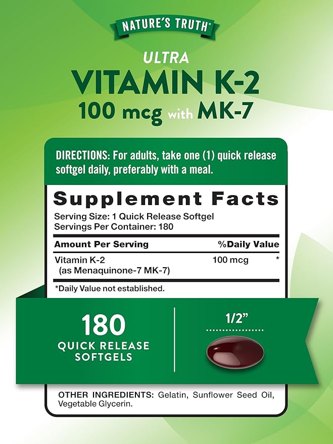 Nature's Truth Vitamin K2 MK-7 | 100 mcg | 180 Softgels | Non-GMO & Gluten Free Supplement