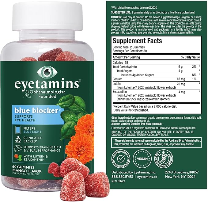 eyetamins Blue Blocker® Eye Health - 60 Lutein Gummies - Ophthalmologist-Developed - Support Vision, Filter Blue Light & Help Eye Strain - Promotes Sleep, Focus Eyesight – Vegan & Non-GMO Formula