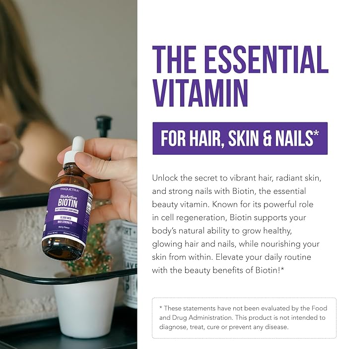 Liquid Biotin 10,000mcg Drops for Women – Organic USP Grade Dietary Supplement – High-Absorption Formula – Supports Healthy Hair, Skin & Nails – Natural Berry Flavor – 180 Servings, 2 oz