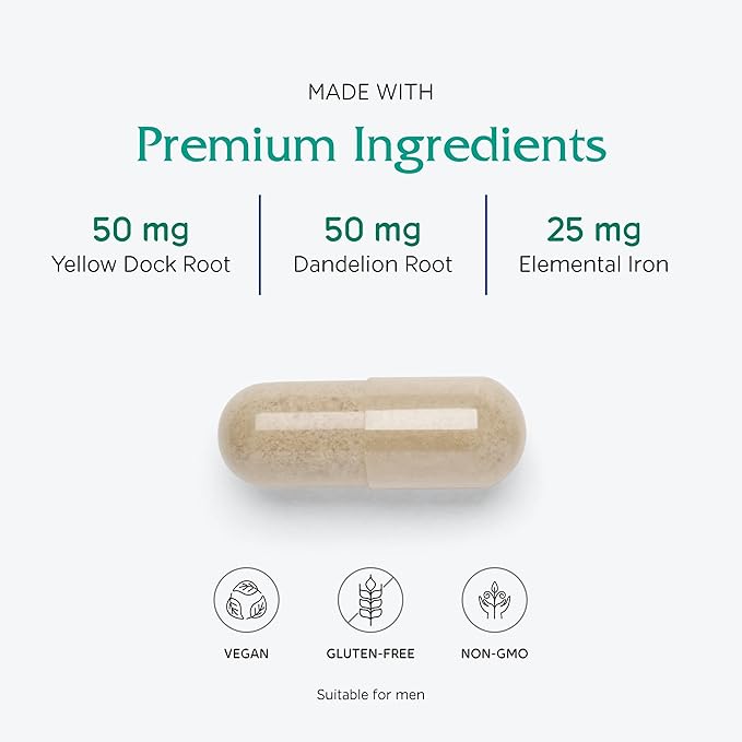 Vitanica Iron Extra, Iron Supplement Enhanced Absorption with Vitamin C 500mg, Methylfolate 400mcg, B12 Vitamin 500mcg, Calcium, Yellow Dock, Dandelion Root & Nettle Leaf Extract, Vegan, 60 Capsules