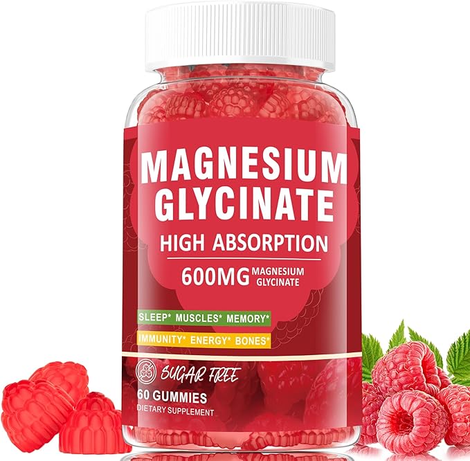 Magnesium Glycinate Gummies 600mg, Zzz & Relaxation, High Absorption, Raspberry Flavor, 60 Count, Supports Muscles, Bones & Energy, Vegan, Sugar Free