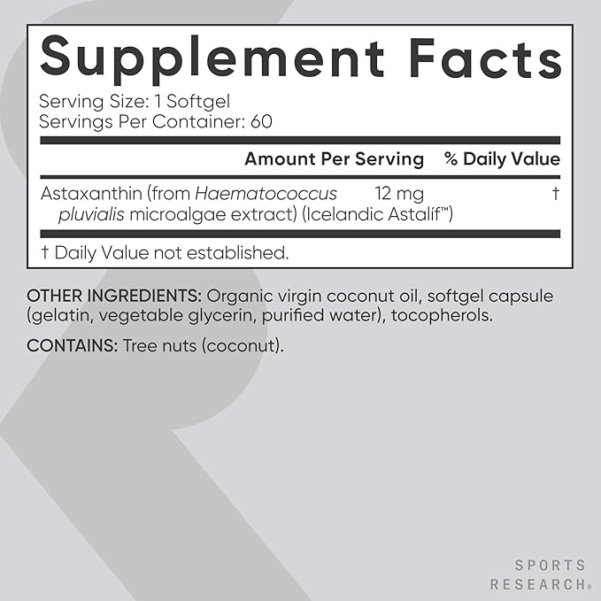 Sports Research® Triple Strength Astaxanthin 12mg w/Organic Coconut Oil - Antioxidant Supplement for Skin & Eye Health Support* - Soy Free · Non-GMO · Gluten Free - 60 Softgels