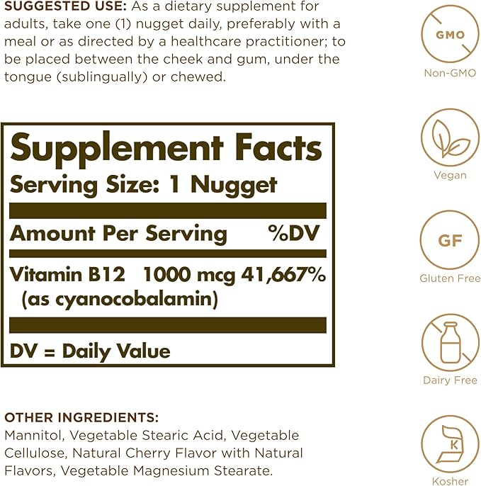 Solgar Sublingual Vitamin B12 1000 mcg - 100 Nuggets - Non-GMO, Vegan, Gluten Free, Dairy Free, Kosher, Halal - 100 Servings