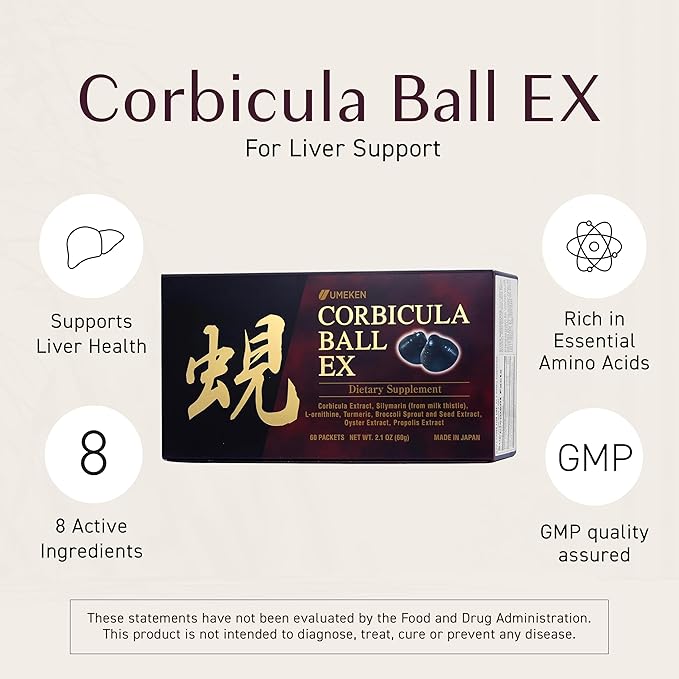 Umeken Corbicula Ball EX, for Liver Support, Rich in Essential Amino Acids, Vitamins & Minerals, Milk Thistle Supplement, Propolis and Broccoli Extract, Daily Dose, Box of 60 Packets, Pack of 2