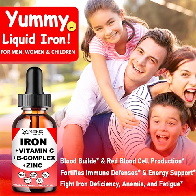 2 Pack Liquid Iron Supplement w/Vitamin C, A, B-Complex, Vegan Iron Drops High Potency Liquid Vitamin & Iron Supplements for Women, Men & Children -Support Red Blood Cell, Energy, Anemia & Fatigue