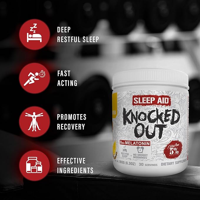 5% Nutrition Rich Piana Knocked Out Natural Sleep Aid | Post-Workout Recovery & Deep Sleep Supplement | GABA, Melatonin, Chamomile, Tyrosine, 5-HTP, & More | 8.4 oz, 30 Servings (Hot Chocolate)
