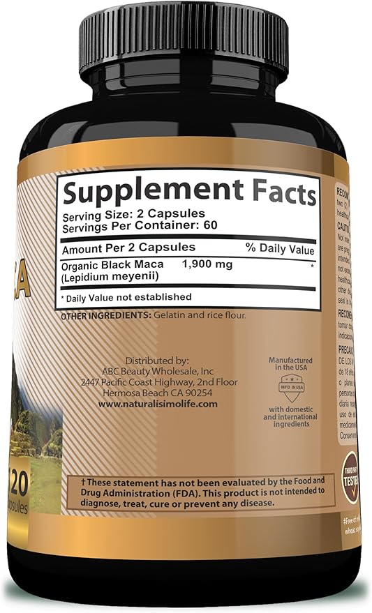 Organic Black Maca 1,900 mg per Serving Natural Energy Booster Peruvian Maca for Men & Women 120 Capsules