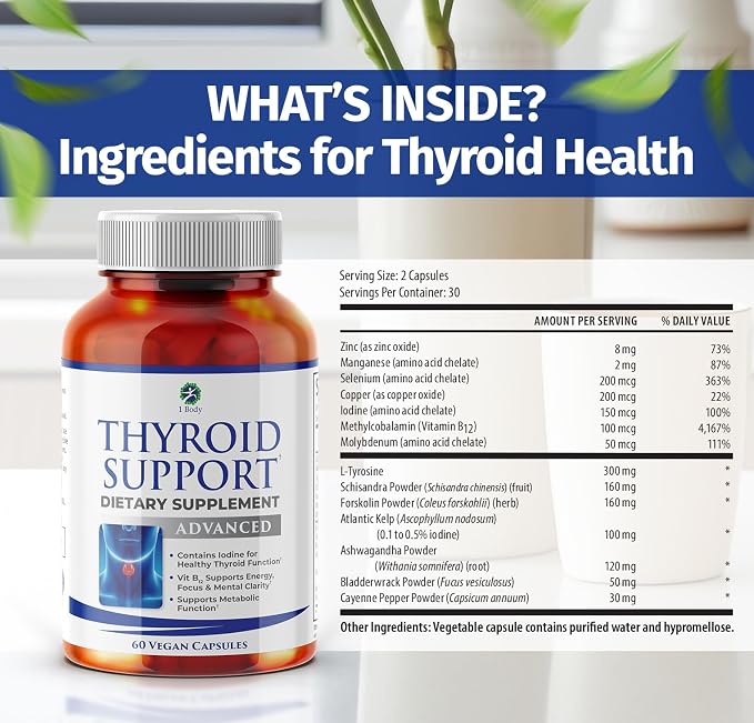 1 Body Thyroid Support Supplement, 90-Day Supply, 2 Pack with B12, Iodine, Zinc, Selenium, Ashwagandha, Non-GMO Vegetarian Formula (60 Count (Pack of 2))