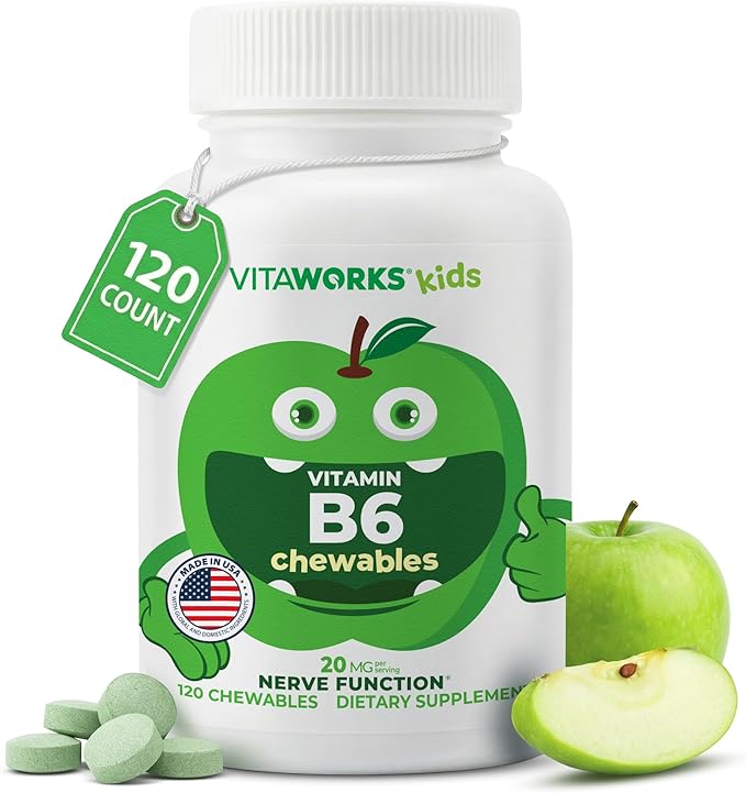 Kids Vitamin B6 Chewable Tablets - 20mg - Great Tasting Green Apple Flavor - Vegan, Non-GMO, Gluten Free, Kosher Vit B6 (Pyridoxine) - Supports Energy & Brain Function - 120 Chewable Tablets
