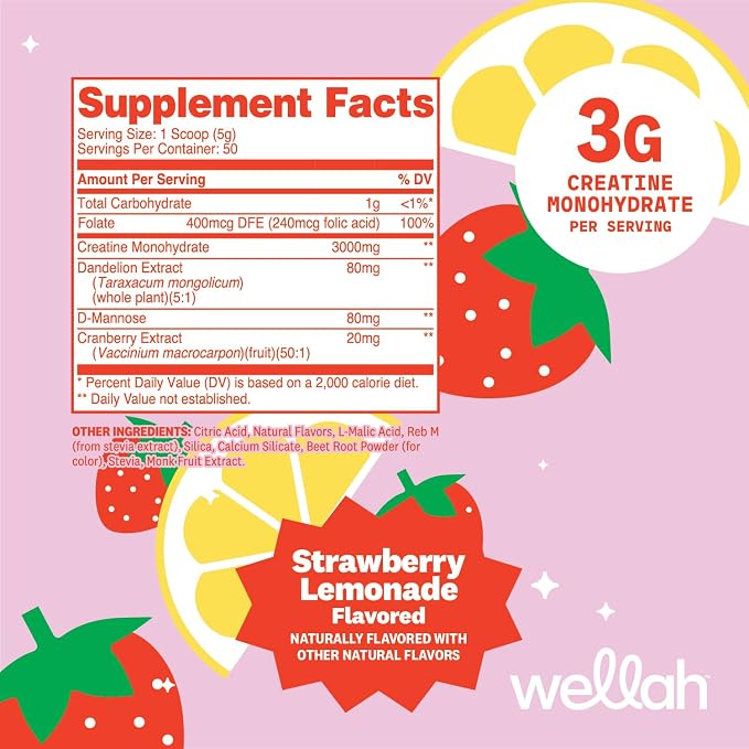 Wellah Creatine for Women - Creatine Monohydrate with Dandelion & Cranberry Extract (50 Servings, Strawberry Lemonade)