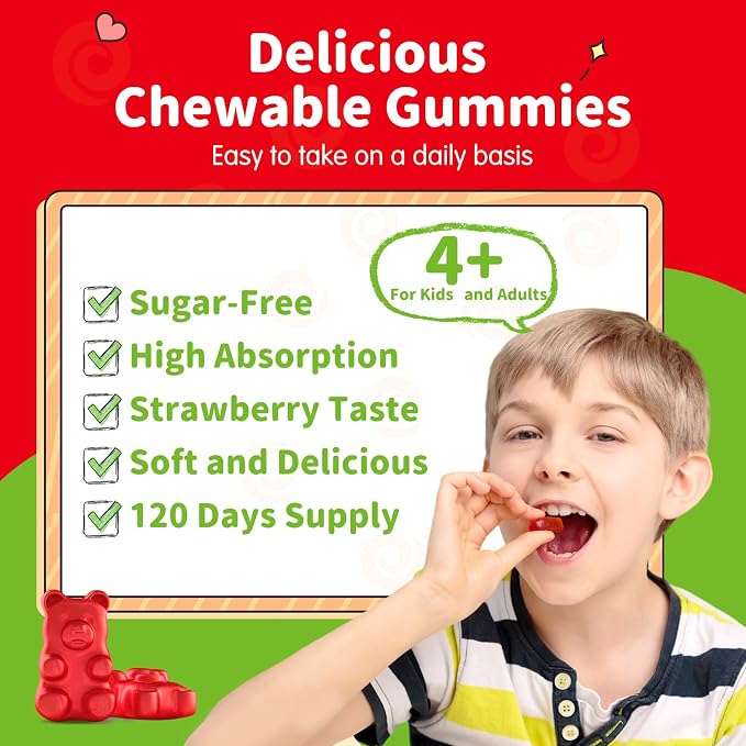 Kids Magnesium Glycinate Gummies, Magnesium Supplement with L-Theanine, Vitamin B6, D3 for Kids & Adults, Calm Magnesium for Sleep Relaxation,Brain,Bones,Sugar Free Strawberry 120ct
