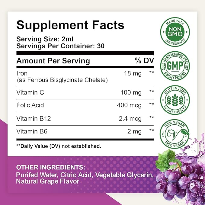 2 Pack Liquid Iron Supplement for Women, Men & Kids - Liquid Iron Drops with Folate, Vitamin C, B6, B12 for Anemia, Red Blood Cell, Energy Support - Grape Flavor