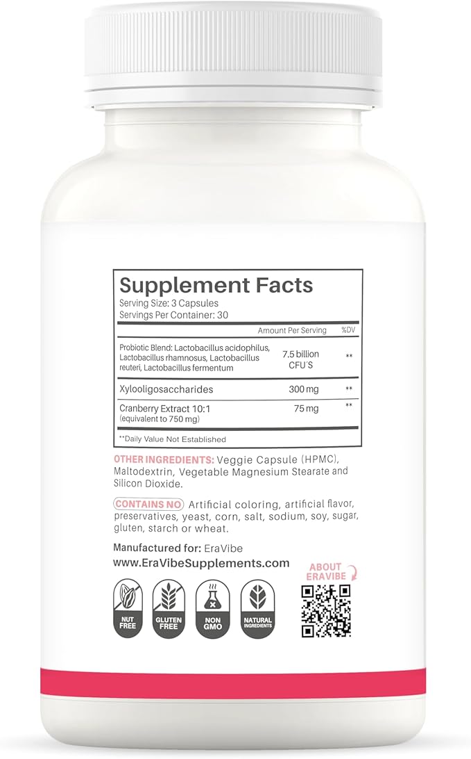 Women's Probiotic with Cranberry - 7.5 B CFUs for Vaginal & Gut Microbiome Support - 90 Vegan Capsules, Gluten Free