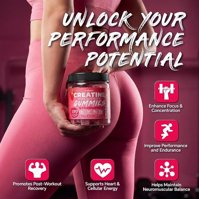 Creatine Monohydrate Gummies 5000mg for Women & Men - Creatine Gummies with B12, Supports Muscle Strength, Energy & Workout Recovery - Strawberry Flavor, Sugar Free, Vegan, 120 Count
