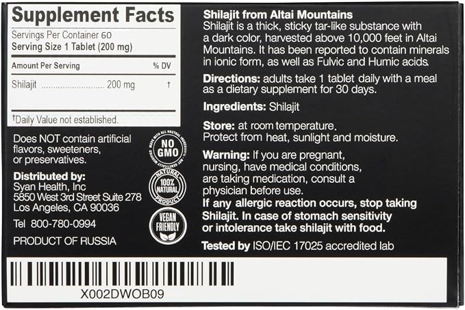 Sayan 100% Pure Shilajit Tablets, High-Potency Supplement, More Effective Than Resin & Capsules, 85+ Trace Minerals Sourced from 10,000 ft Lab-Tested. 60 Tablets 200 mg per Tablet 1-2 Month Supply