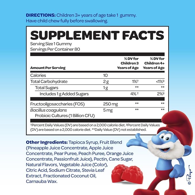 The Smurfs Kids Probiotic Gummies with 1 Billion CFU Probiotics & Prebiotics Chewable Probiotic Kids for Digestive Support, Healthy Gut & Immune Health | Ages 3+ | Made with Real Fruit | 80 Count
