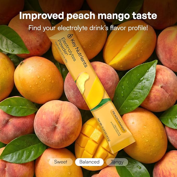 KEY NUTRIENTS Electrolytes Powder Packets - Multivitamin Peach Mango 20 Pack Hydration Packets - Travel Hydration Powder - Improved Refreshing Taste - Made in USA - No Sugar, No Calories, Gluten Free