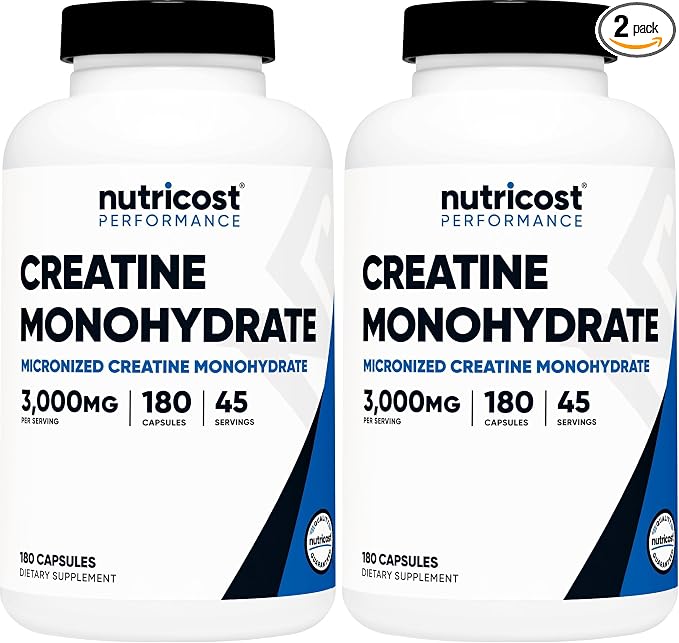 Nutricost Creatine Monohydrate 3,000mg, 180 Capsules (750mg Per Capsule) - Gluten Free, Non-GMO (Pack of 2)