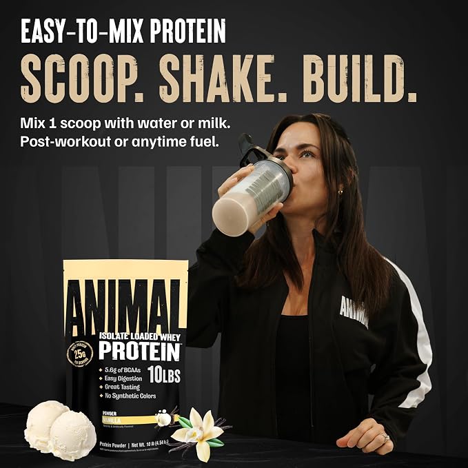 Animal Whey Isolate Protein Powder - Loaded for Pre & Post Workout Muscle Builder and Recovery with Digestive Enzymes for Men & Women - 25g Protein, Great Taste, Low Sugar - Vanilla 10 lbs