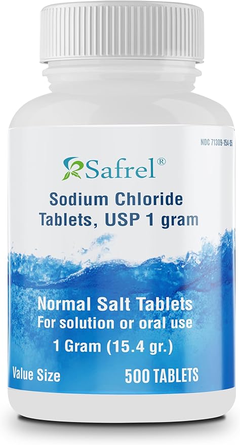 Safrel Sodium Chloride Tablets 1 gm, USP | Normal Salt Tablets | (15.4gr.) | Electrolytes Replenisher Hydration Drink (500 Count (Pack of 1))