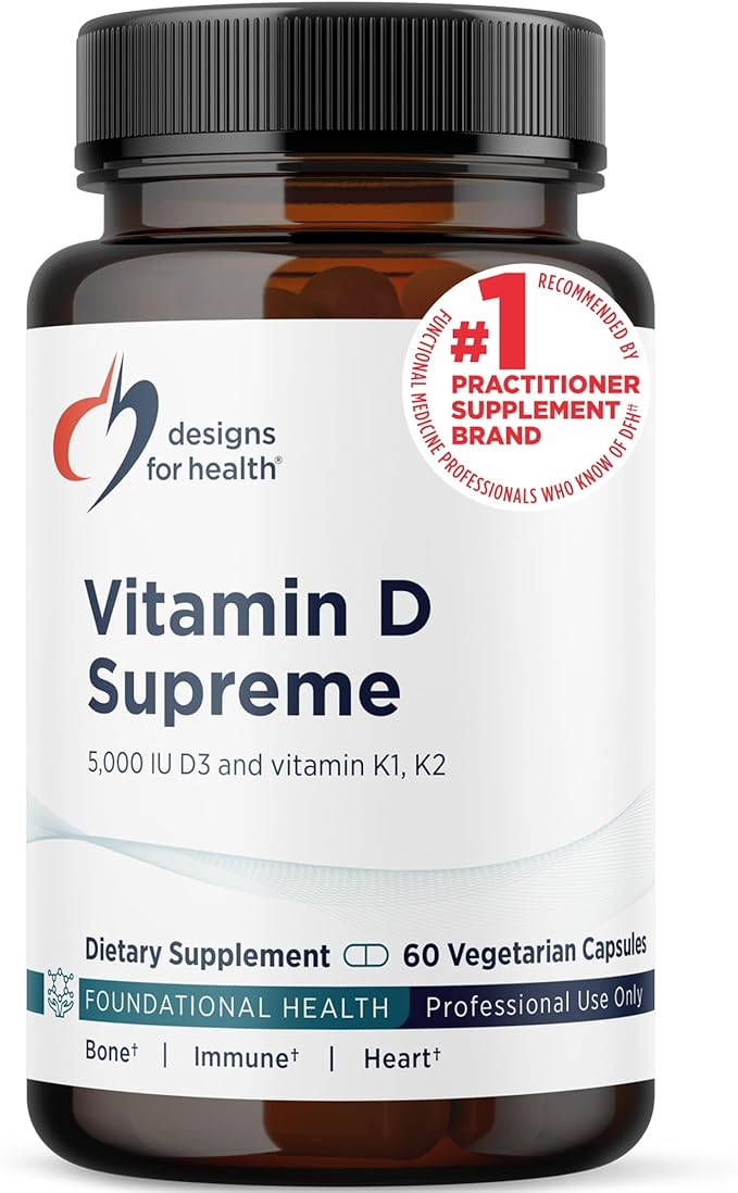 Designs for Health Vitamin D Supreme - Vitamin D 5000 IU with 2000mcg Vitamin K as MK4 for Bone Health, Heart Health, Mood & Immune Support - Vitamin D3 Enhanced with GG Supplement (60 Capsules)