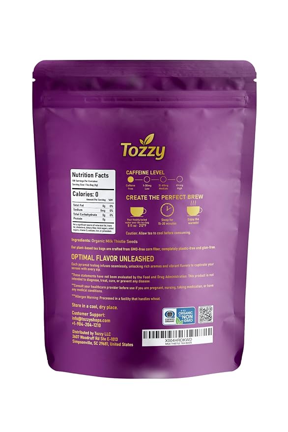 Tozzy Organic Milk Thistle Tea – 100 Count, Plant-Based Pyramid Tea Bags – Packaging May Vary