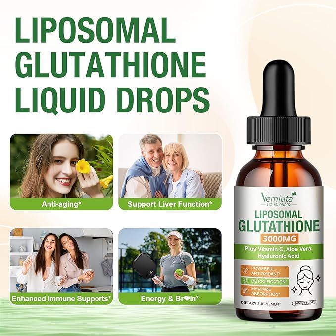 2 Pack 3000mg Liposomal Glutathione Liquid Drops, 98% Absorption Liposomal Glutathione with Vitamin C for Women, Glutathione Liposomal Supplement, Powerful Antioxidant Complex for Immune System, Liver