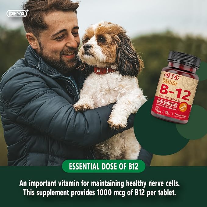 DEVA Vegan Vitamin B12 Fast Dissolve Supplement - Once-Per-Day Complex with 1000 Mcg Methylcobalamin B12, Folic Acid, B6 - Lemon Flavor - 90 Dissolvable Tablets,