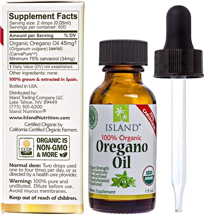 Island Nutrition, Oregano Oil Organic Liquid Drops - 100% Pure & Undiluted - USDA-Certified Organic (1 oz) 75% Carvacrol - Grown in Spain - Immune Support Supplement with Oil of Oregano.