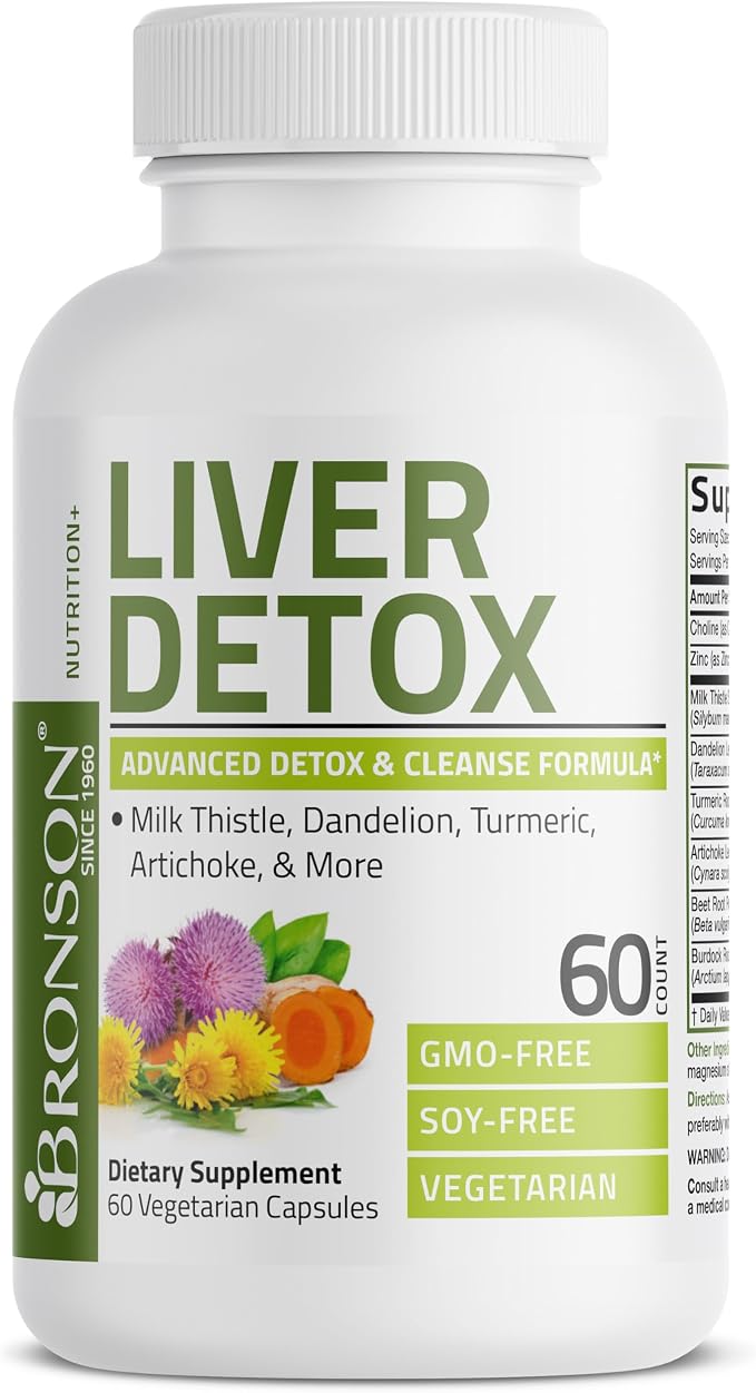 Bronson Liver Detox Advanced Detox & Cleansing Formula Supports Health Liver Function with Milk Thistle, Dandelion Extract, Turmeric, Artichoke Leaf & More, Non-GMO, 60 Vegetarian Capsules