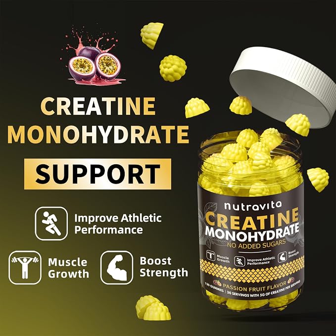 Nutravita NSF Certified Creatine Gummy - Creatine Monohydrate Gummies for Men & Women-5g of Creatine Monohydrate per Serving - Sugar Free,Vegan, Passion Fruit Flavor, 120 Count