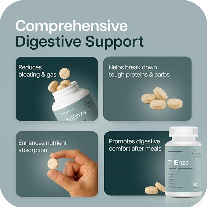 Houston Enzymes TriEnza - Digestive Enzyme Supplement for Gluten, Casein, Soy, Proteins, Carbohydrates, Fats & Polyphenols - Digestive Enzymes for Women & Men (180 Chewable Tablets)