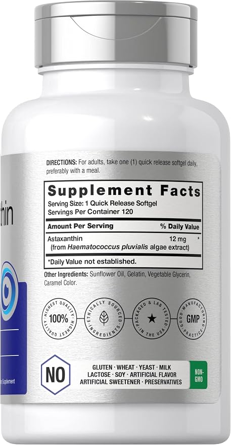Horbäach Astaxanthin Supplement | 12mg | 120 Softgels | Triple Strength | from Microalgae | Non-GMO & Gluten Free