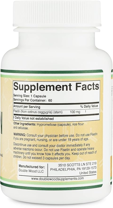 Fisetin Supplement - 100mg of Bioactive Flavnonols, 60 Count (Bioflavonoid Polyphenols Supplement Similar to Apigenin, Luteolin, and Quercetin) Aging Support Senolytic by Double Wood