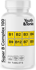 Youth & Tonic Super B Complex B-100 with Choline, Inositol & PABA – High Potency B1, B2, B3, B5, B6, Biotin & B12 – Energy, Mental Clarity, Stress & Nervous System Support – 1-Month Supply