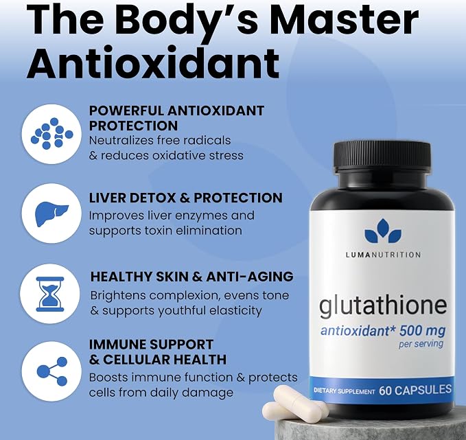 Luma Nutrition Premium Glutathione Supplement - 500mg - L-Glutathione - Antioxidant Support - Reduced - Liver Support - 60 Capsules