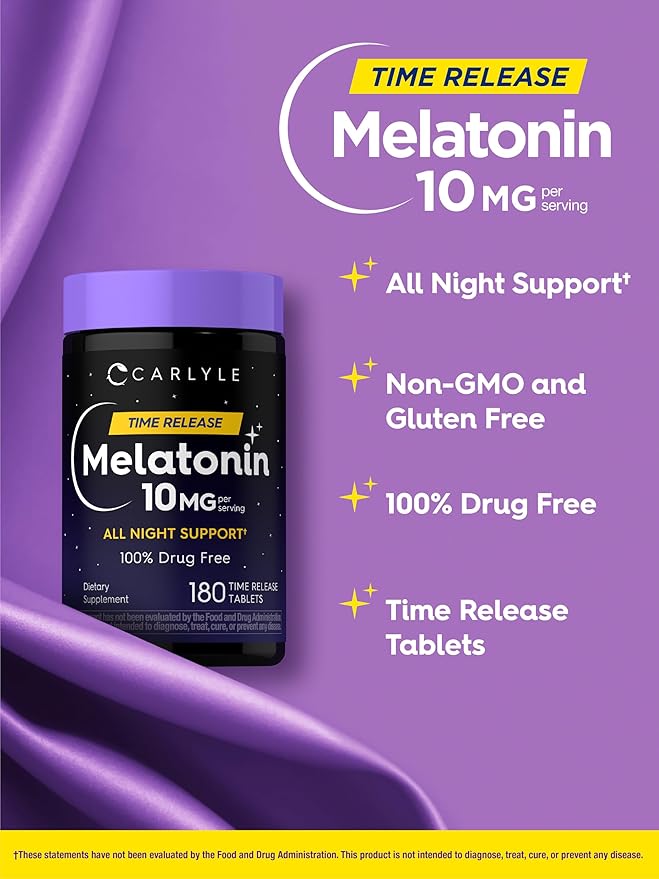 Carlyle Melatonin 10mg | 180 Time Release Tablets | All Night Support | with Vitamin B6 | 100% Drug Free Supplement | Vegan, Non-GMO, Gluten Free