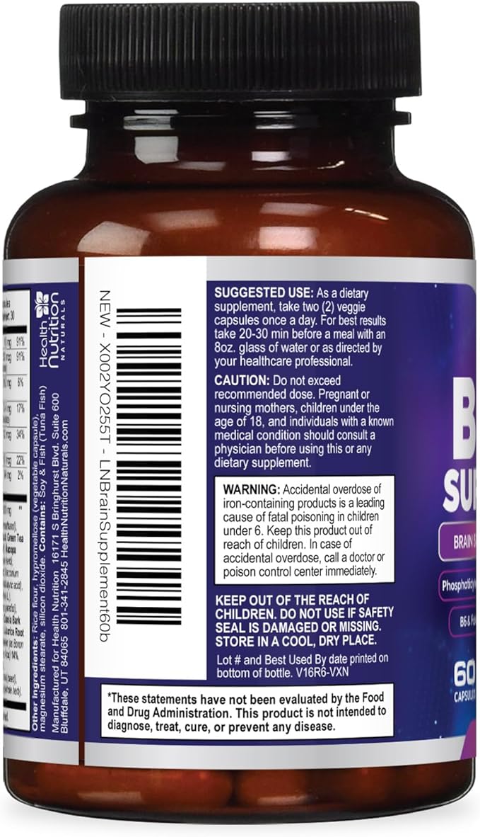Brain Memory Supplement - 3X Strength Nootropics for Concentration, Clarity & Focus Support - Brain Health Cognitive Vitamins with Bacopa, Phosphatidylserine & DMAE, Brain Booster, 60 Capsules