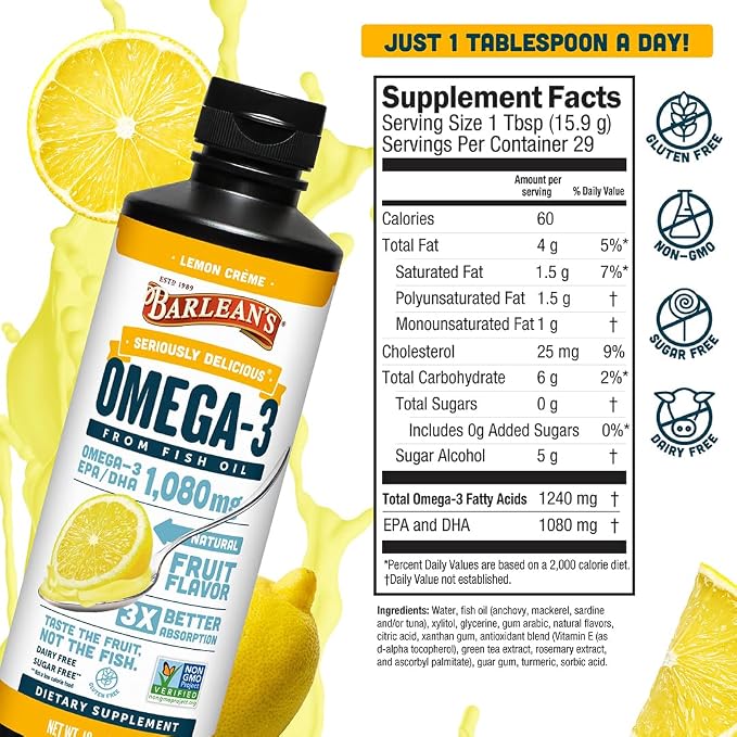 Barlean's Omega 3 Fish Oil Liquid Supplement for Men and Women, 1080mg of EPA and DHA Fatty Acid, Promotes Brain & Heart Health - Non-GMO, Lemon Crème, 16 oz