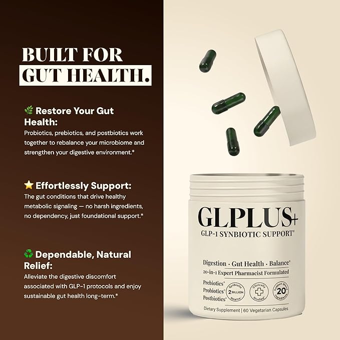 GLP-1 Support Supplement for Nausea, Bloating & Gut Health – Synbiotic Pre, Pro & Postbiotic for Women & Men for GLP-1 Users — Injection & Oral Users – Pharmacist Formulated, 20-in-1 (60 Capsules)
