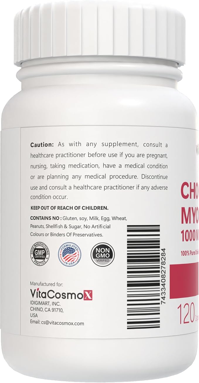 Choline and Myo-Inositol Supplement, 1000 mg Each, 120 Veggie Capsules 100% Vegetarian, Non-GMO & Gluten Free