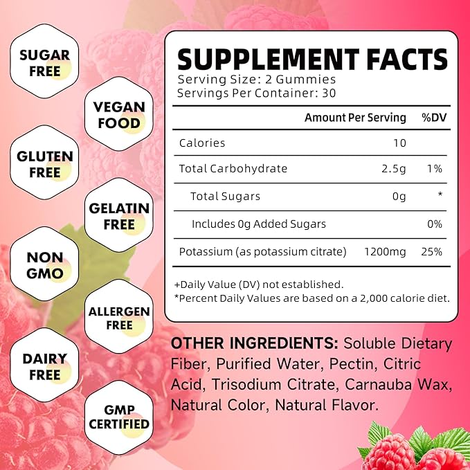 Potassium Citrate Gummies, High Potassium Supplement 1200mg Support Leg Cramps & Muscle Health, Potassium Gummies for Adults & Kids, Vegan, Raspberry Flavor 60 Count