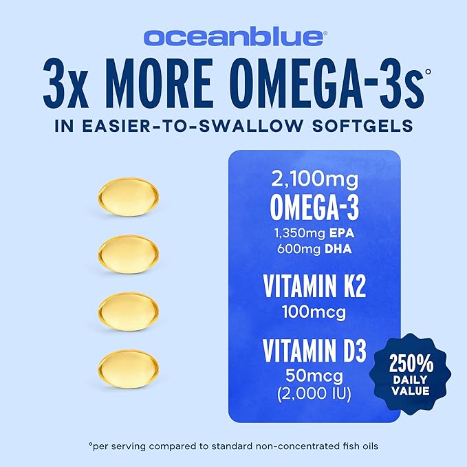 Oceanblue Professional Omega-3 2100 with Vitamin K2 & Vitamin D3 - Triple Strength Burpless Fish Oil Omega-3 Supplement with EPA & DHA - Wild Caught - Orange Flavor - 120 Mini Softgels